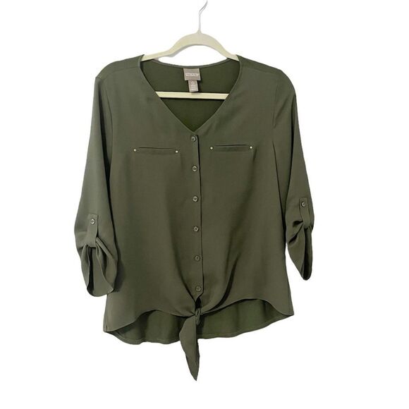 Chico's Tops - Chicos Olive Roll Tab Sleeve Front Tie Button Down Blouse Size 0 (S)